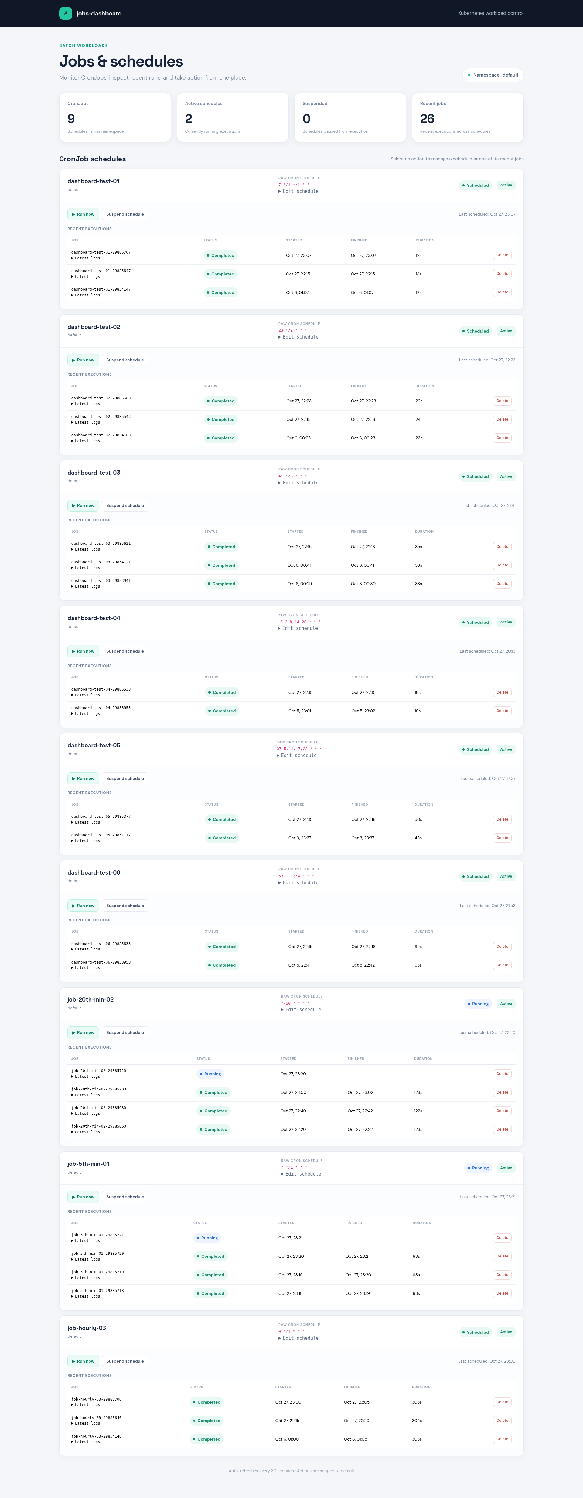 jobs-dashboard showing CronJob schedules and recent Job runs